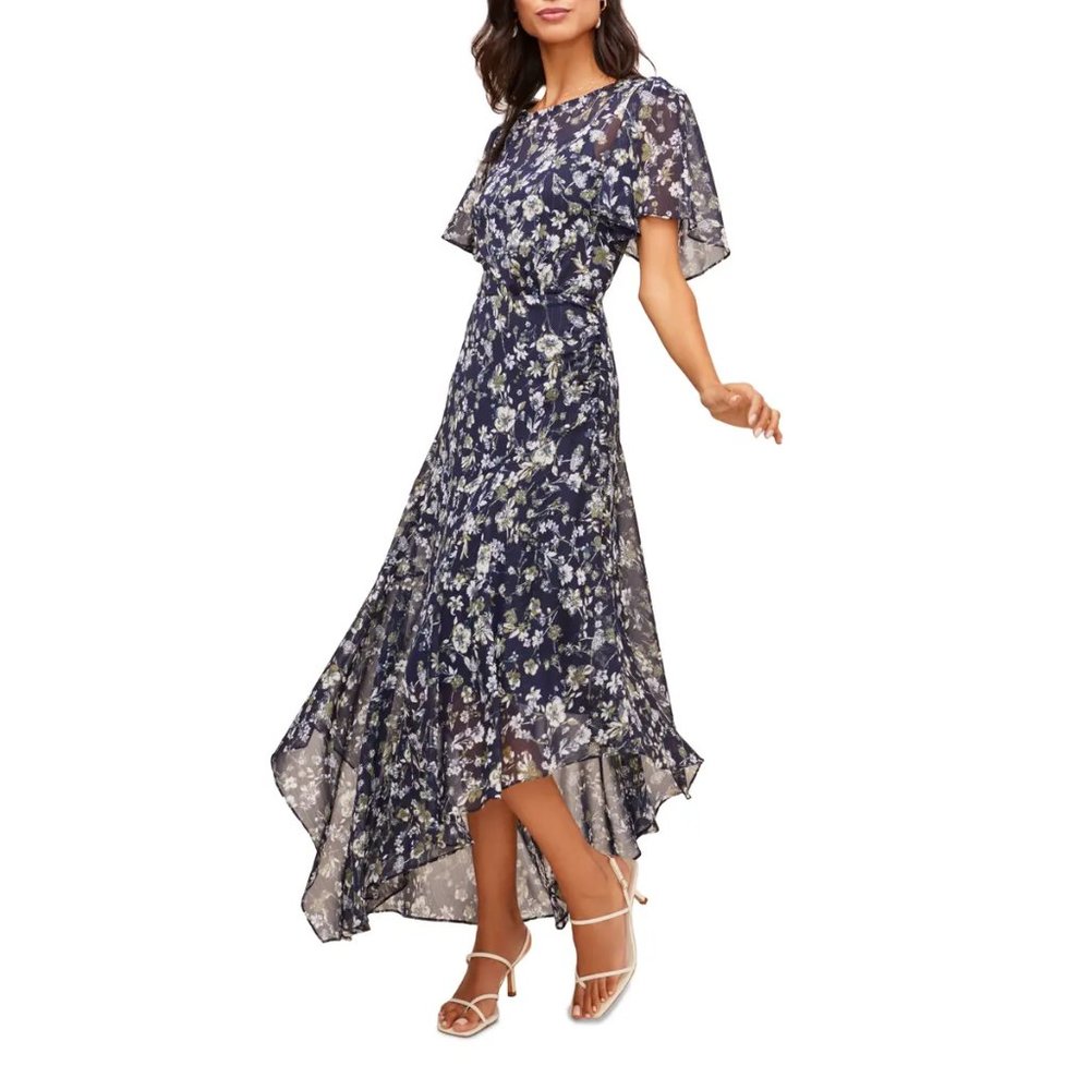New ASTR the Label Women Small Blue Floral Sheer Asymmetric Flutter Sleeve Dress
